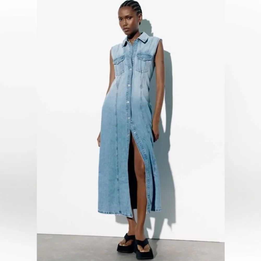 Zara Light Blue Denim Maxi Dress size XS